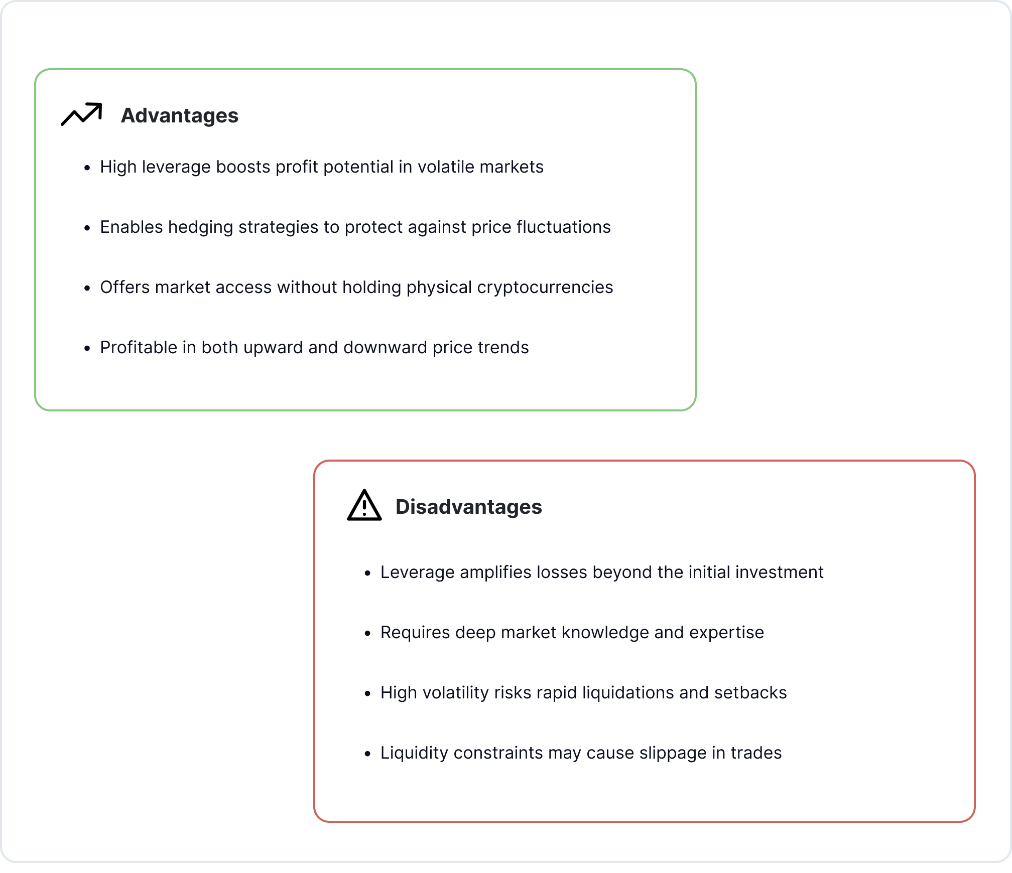 Comparing advantages and disadvantages of crypto derivatives trading.