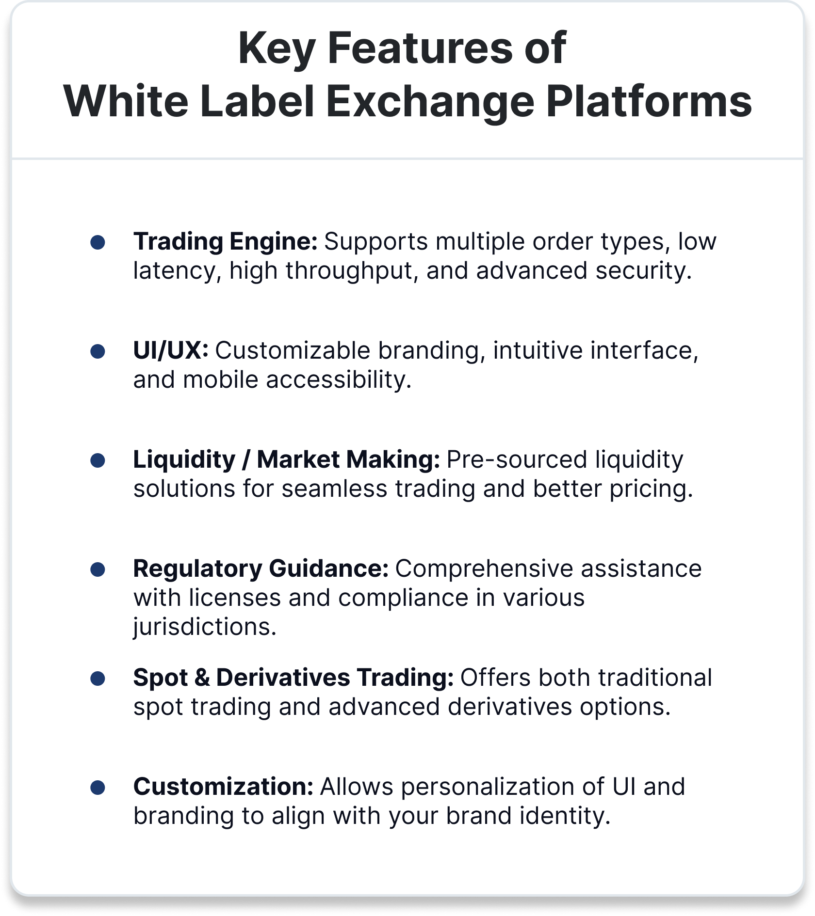 This image highlights the key features of white label exchange platforms.