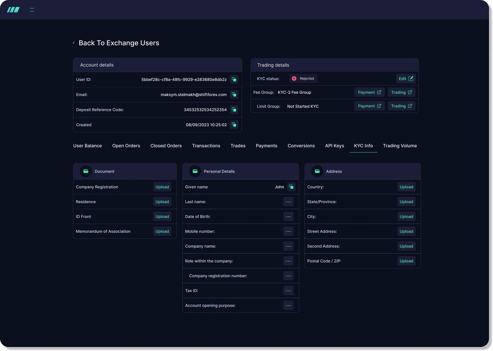 Exchange user control view of the Shift Platform Back Office